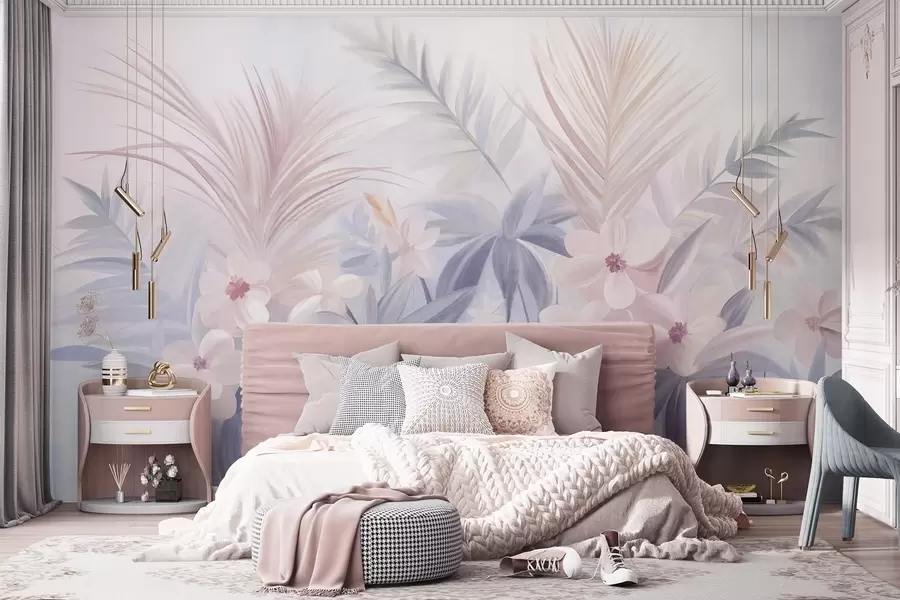 fototapet Flori tropicale și frunze de palmier în nuanțe discrete de albastru și roz, în stil pictural w09832
