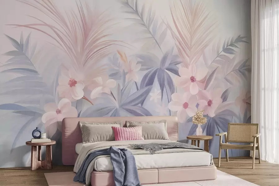 fototapet Flori tropicale și frunze de palmier în nuanțe discrete de albastru și roz, în stil pictural w09832