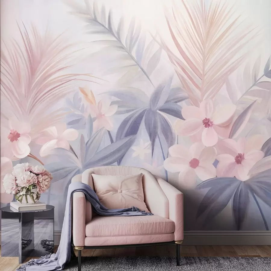 fototapet Flori tropicale și frunze de palmier în nuanțe discrete de albastru și roz, în stil pictural w09832