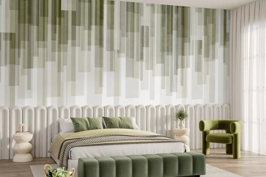 fototapet Dreptunghiuri verticale texturate, cu transparență variabilă și nuanțe de verde, artă abstractă w09889