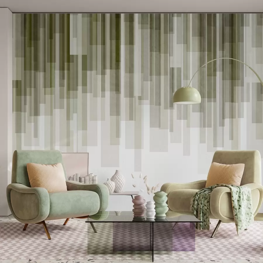 fototapet Dreptunghiuri verticale texturate, cu transparență variabilă și nuanțe de verde, artă abstractă w09889
