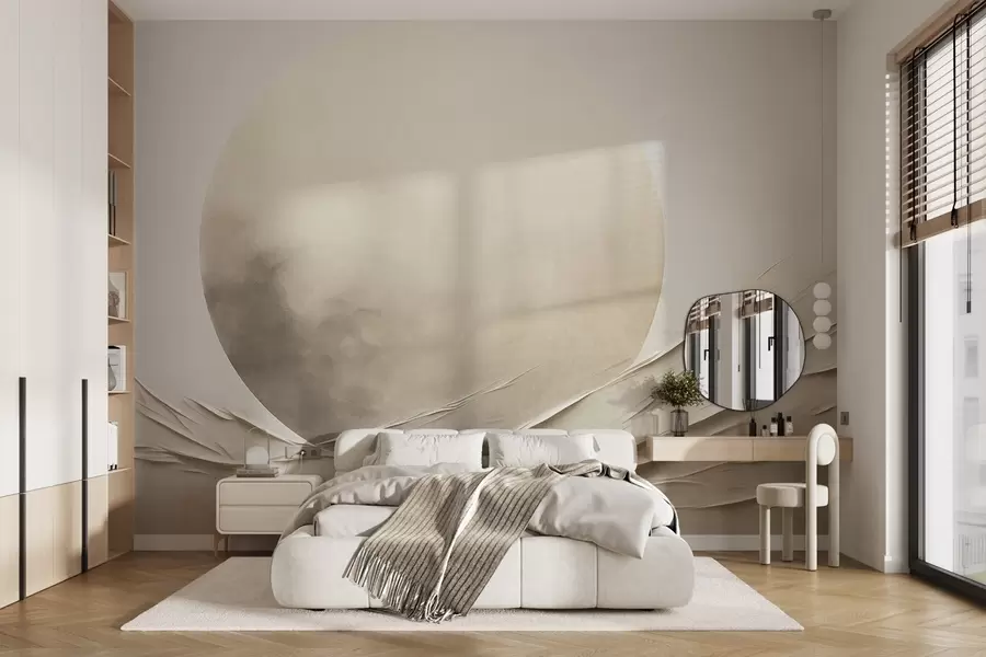 fototapet Forme abstracte, ondulate, de culoare crem, cu o sferă mare și palidă, artă modernă minimalistă w09895