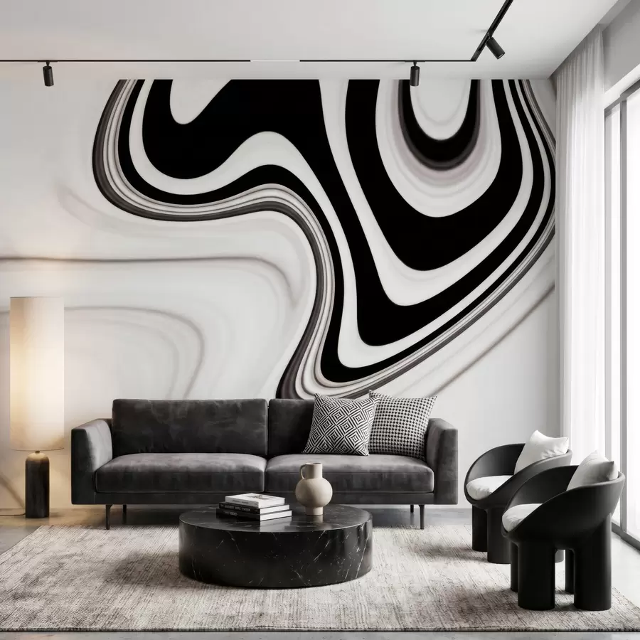 fototapet Fototapet abstract cu valuri curgătoare alb-negru, într-un stil modern minimalist w09877