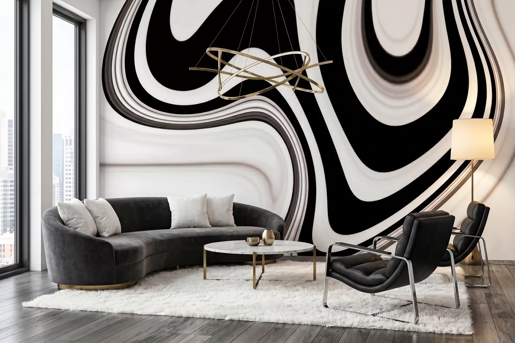 fototapet Fototapet abstract cu valuri curgătoare alb-negru, într-un stil modern minimalist w09877