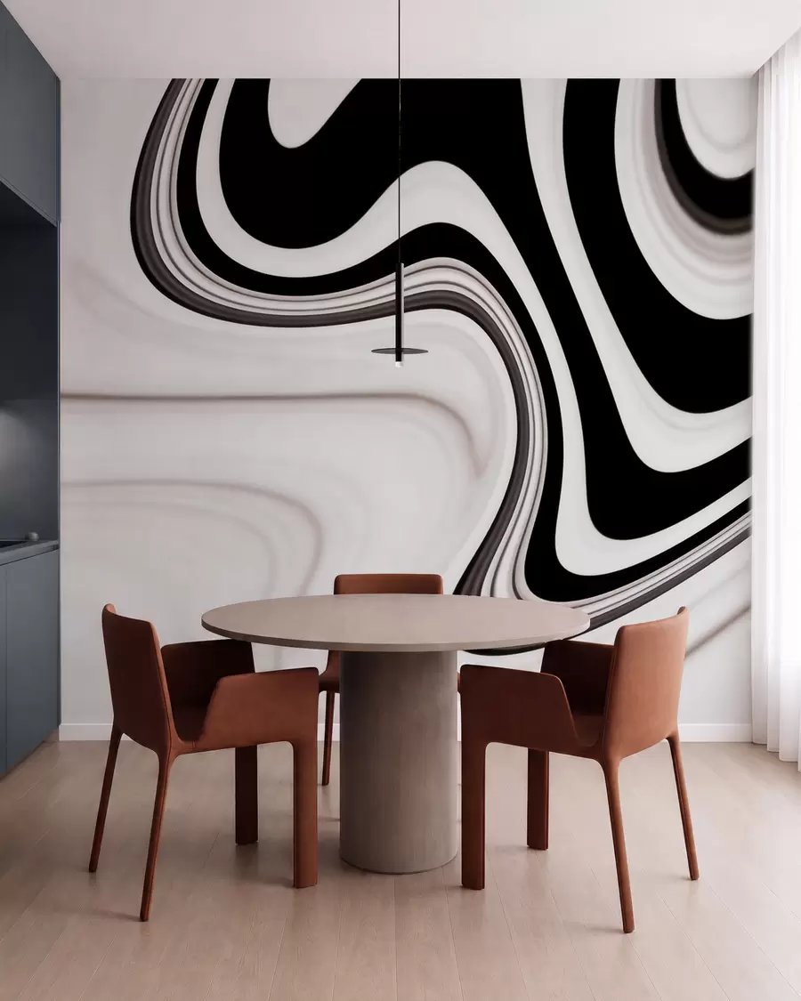 fototapet Fototapet abstract cu valuri curgătoare alb-negru, într-un stil modern minimalist w09877