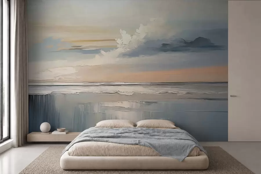 fototapet Litoral în culori pastelate, cu nori și reflexii în apă w05687