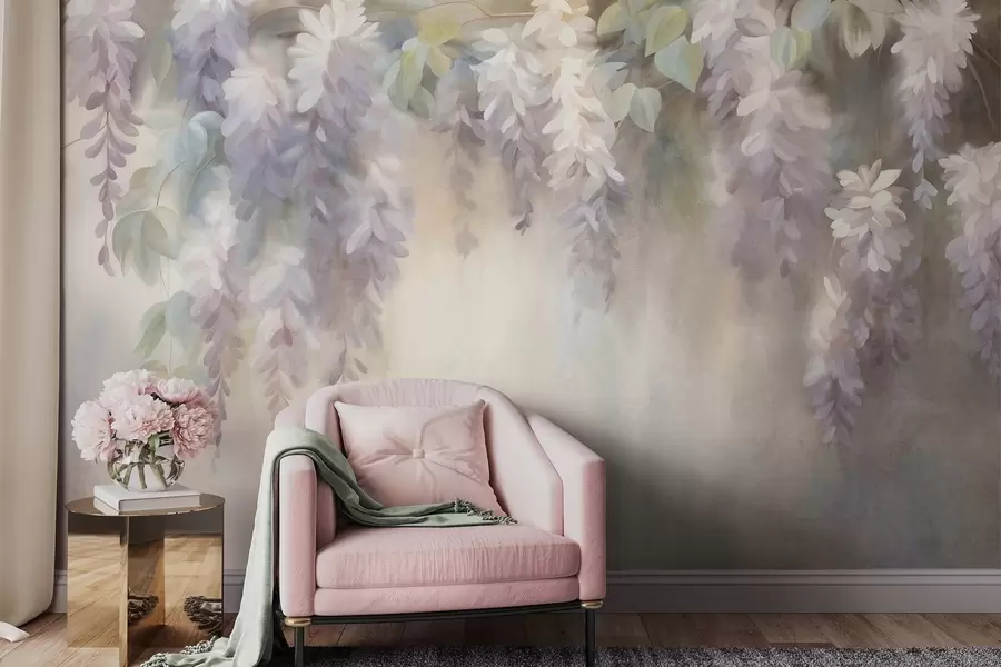 fototapet Flori de glicină de culoare violet deschis, cu textură, atârnând alături de frunze verzi, pe un fundal în nuanțe pastelate w09896