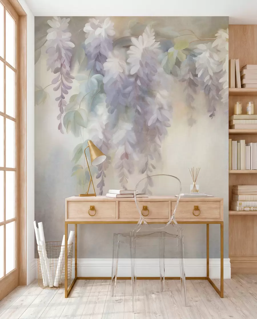 fototapet Flori de glicină de culoare violet deschis, cu textură, atârnând alături de frunze verzi, pe un fundal în nuanțe pastelate w09896