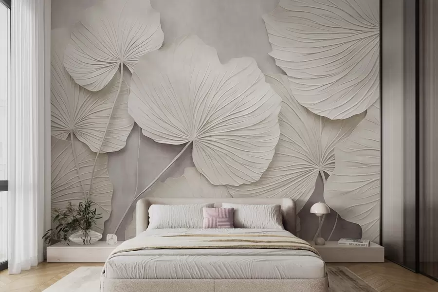 fototapet Frunze mari, cu textură, pe un fundal delicat și discret, artă modernă minimalistă w09897