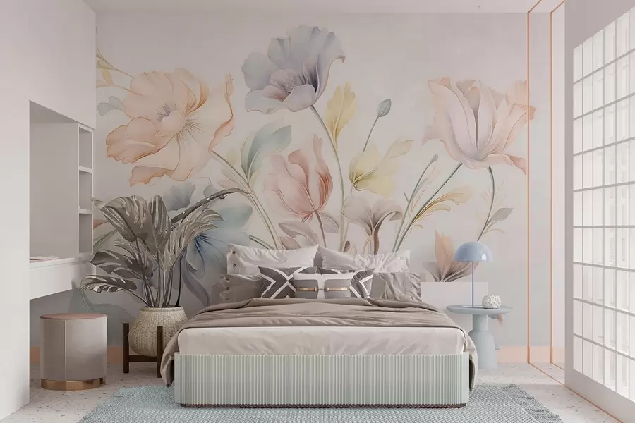 fototapet Flori delicate în nuanțe pastelate de roz, albastru și galben, cu frunze verzi, pe un fundal deschis w09898