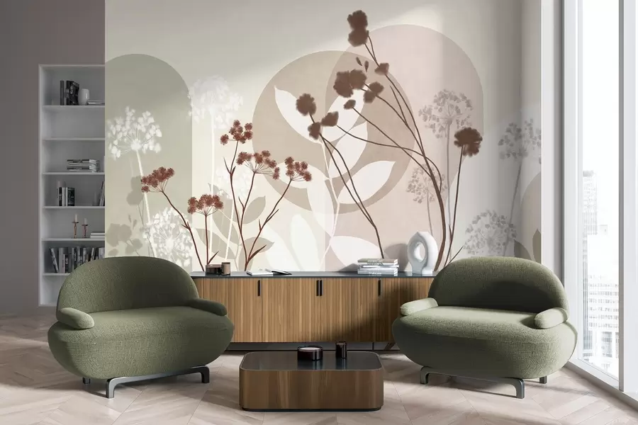 fototapet Compoziție botanică și minimalistă din flori și frunze uscate, cu elemente geometrice abstracte w09906v1