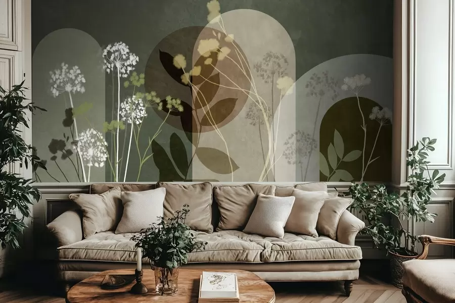 fototapet Compoziție botanică și minimalistă din flori și frunze uscate, cu elemente geometrice abstracte w09906v2