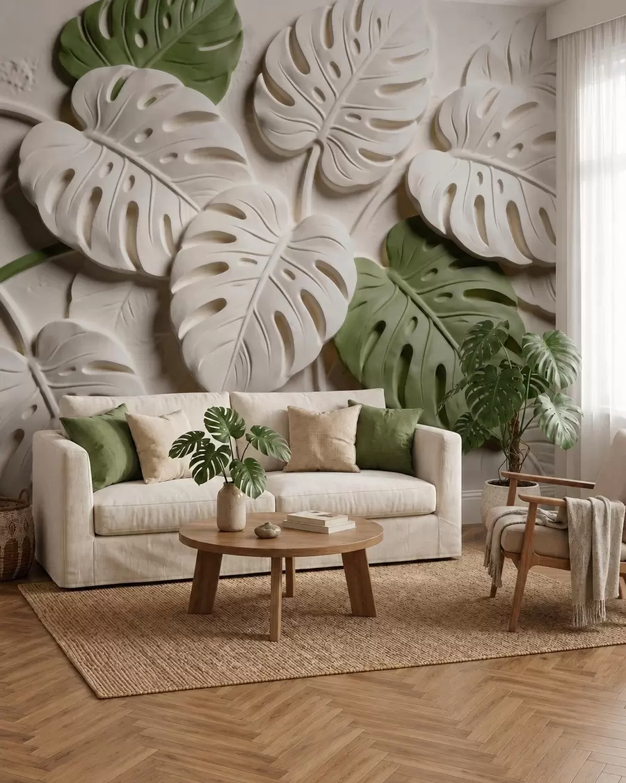 fototapet Frunze de monstera cu motive botanice în relief, în nuanțe de crem și verde w09883
