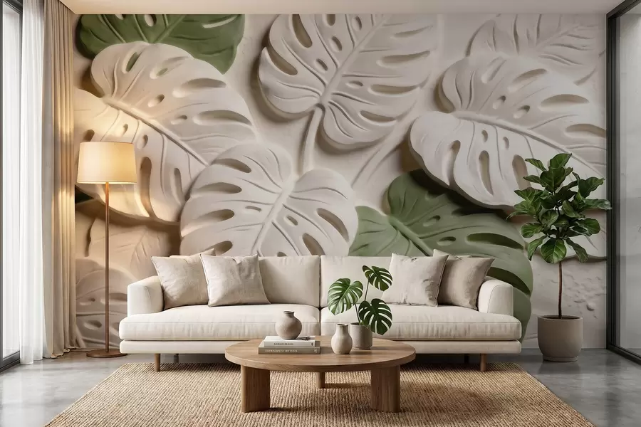 fototapet Frunze de monstera cu motive botanice în relief, în nuanțe de crem și verde w09883
