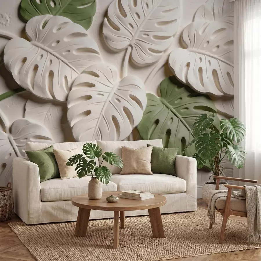fototapet Frunze de monstera cu motive botanice în relief, în nuanțe de crem și verde w09883