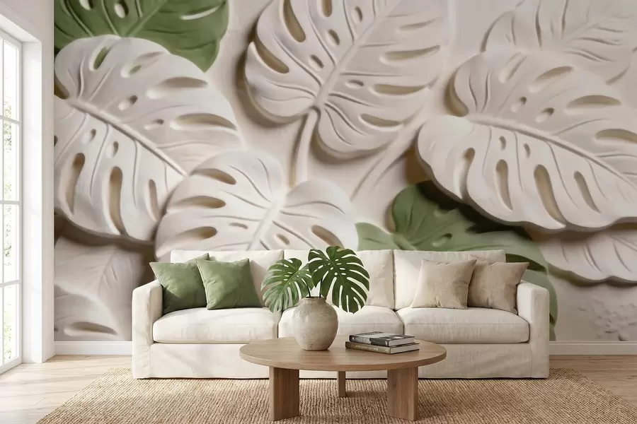 fototapet Frunze de monstera cu motive botanice în relief, în nuanțe de crem și verde w09883