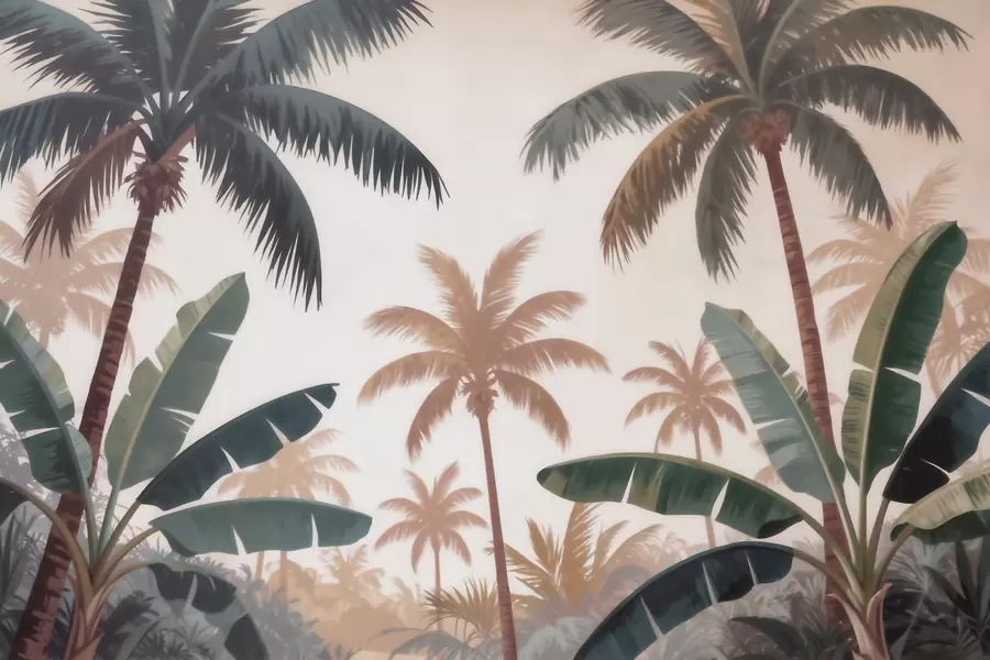 fototapet Palmieri tropicali într-o paletă de culori vintage delicate, într-o atmosferă de dimineață cețoasă w09884