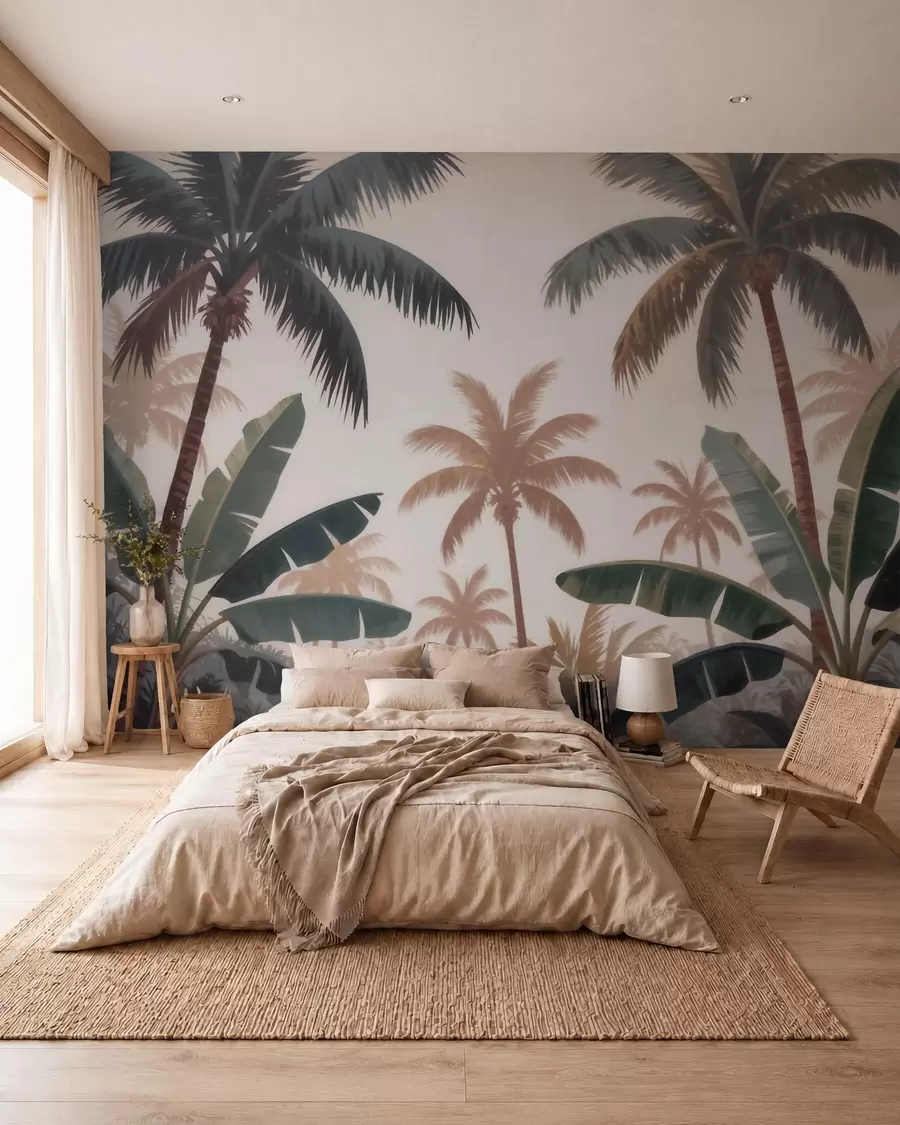 fototapet Palmieri tropicali într-o paletă de culori vintage delicate, într-o atmosferă de dimineață cețoasă w09884