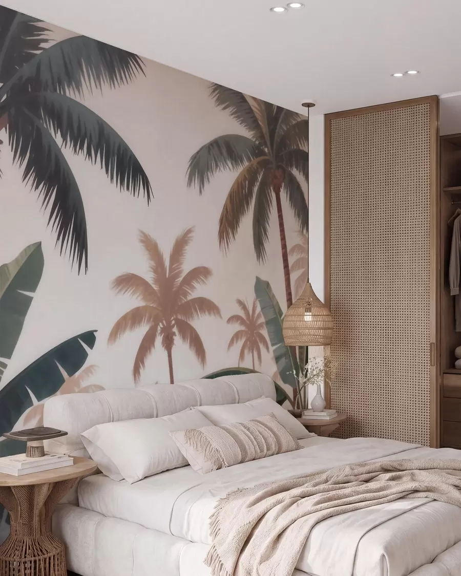 fototapet Palmieri tropicali într-o paletă de culori vintage delicate, într-o atmosferă de dimineață cețoasă w09884