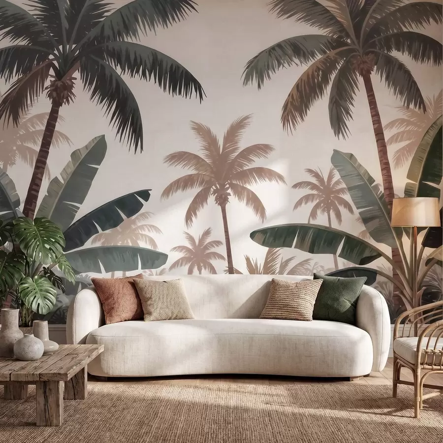 fototapet Palmieri tropicali într-o paletă de culori vintage delicate, într-o atmosferă de dimineață cețoasă w09884