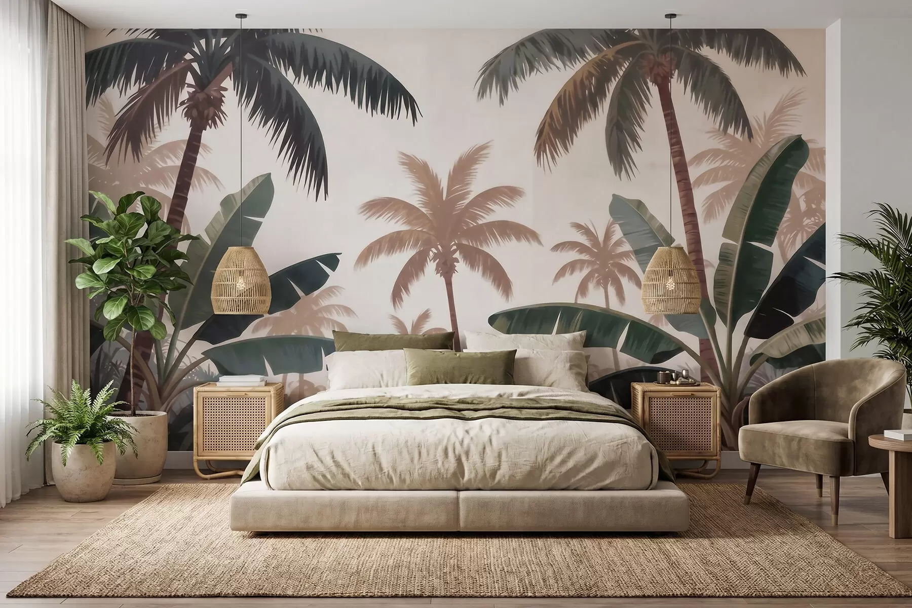 fototapet Palmieri tropicali într-o paletă de culori vintage delicate, într-o atmosferă de dimineață cețoasă w09884