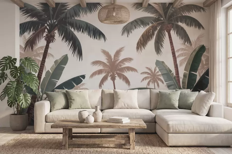 fototapet Palmieri tropicali într-o paletă de culori vintage delicate, într-o atmosferă de dimineață cețoasă w09884