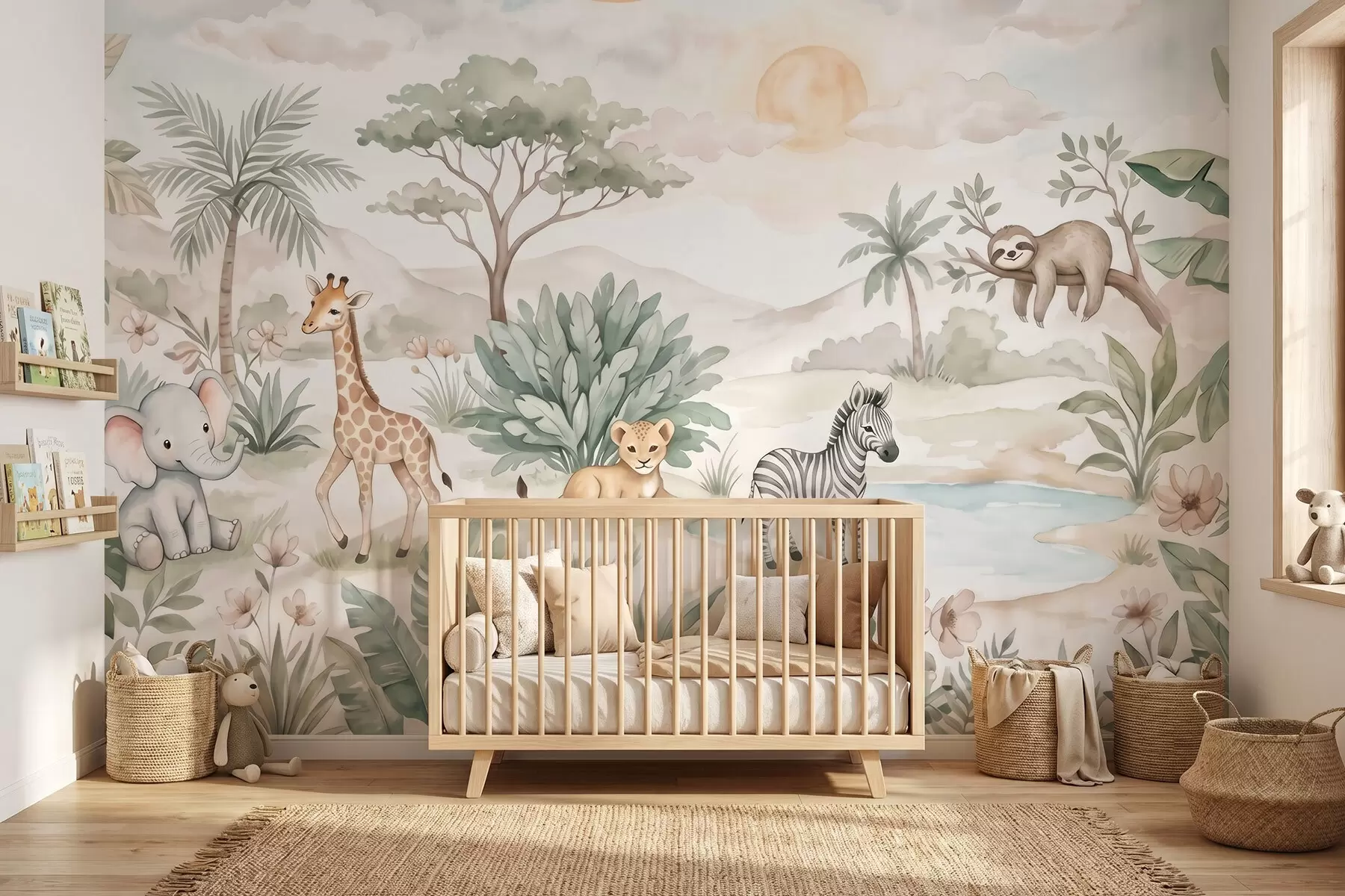 fototapet Scenă de safari pictată în acuarelă, cu animale redate în nuanțe delicate de pastel, în care apar o girafă, un pui de elefant, o zebră și un pui de leu w09888