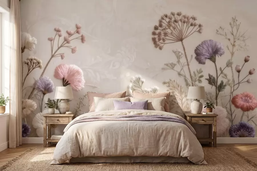 fototapet Flori de câmp tridimensionale, cu un efect de broderie realizată manual, într-o paletă de culori pastelate w09874