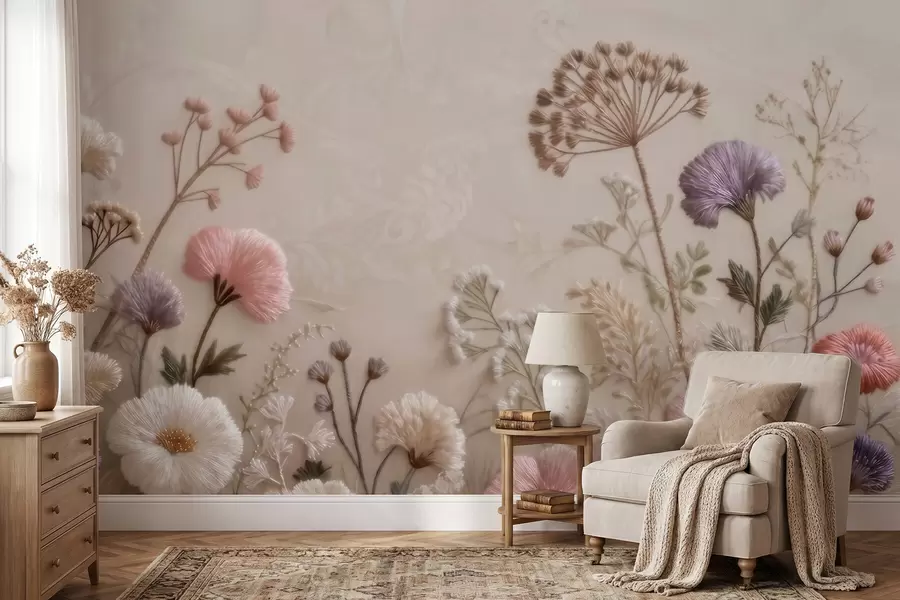 fototapet Flori de câmp tridimensionale, cu un efect de broderie realizată manual, într-o paletă de culori pastelate w09874