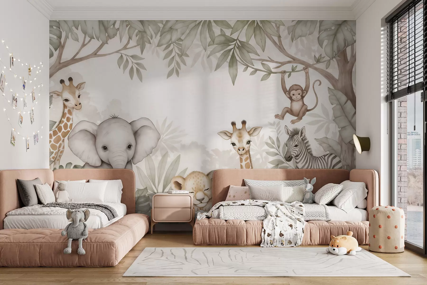 fototapet Animale de safari adorabile printre frunzișul tropical, în stil acuarelă w09885