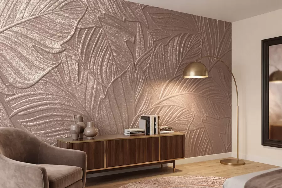 fototapet Frunze tropicale în relief, cu un model delicat, în nuanțe calde de bej w09886
