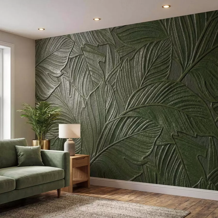 fototapet Frunze tropicale în relief, cu un contur delicat, în nuanțe de verde intens w09886v1