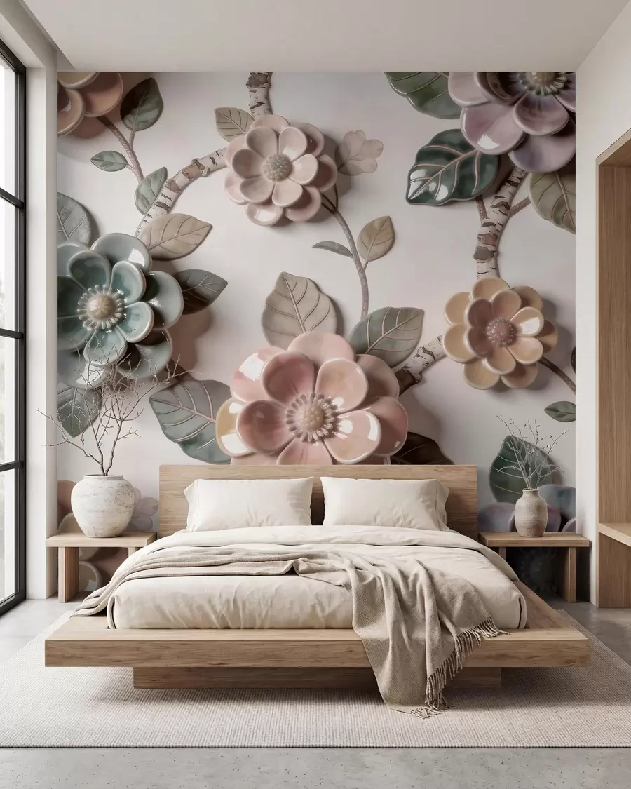 fototapet Flori ceramice tridimensionale într-o paletă de culori pastelate delicate w09887