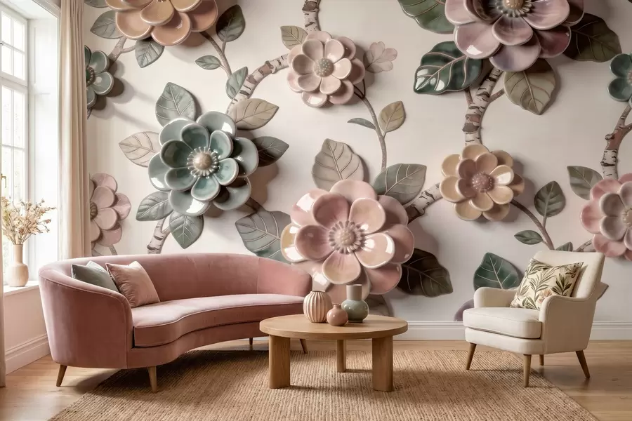 fototapet Flori ceramice tridimensionale într-o paletă de culori pastelate delicate w09887