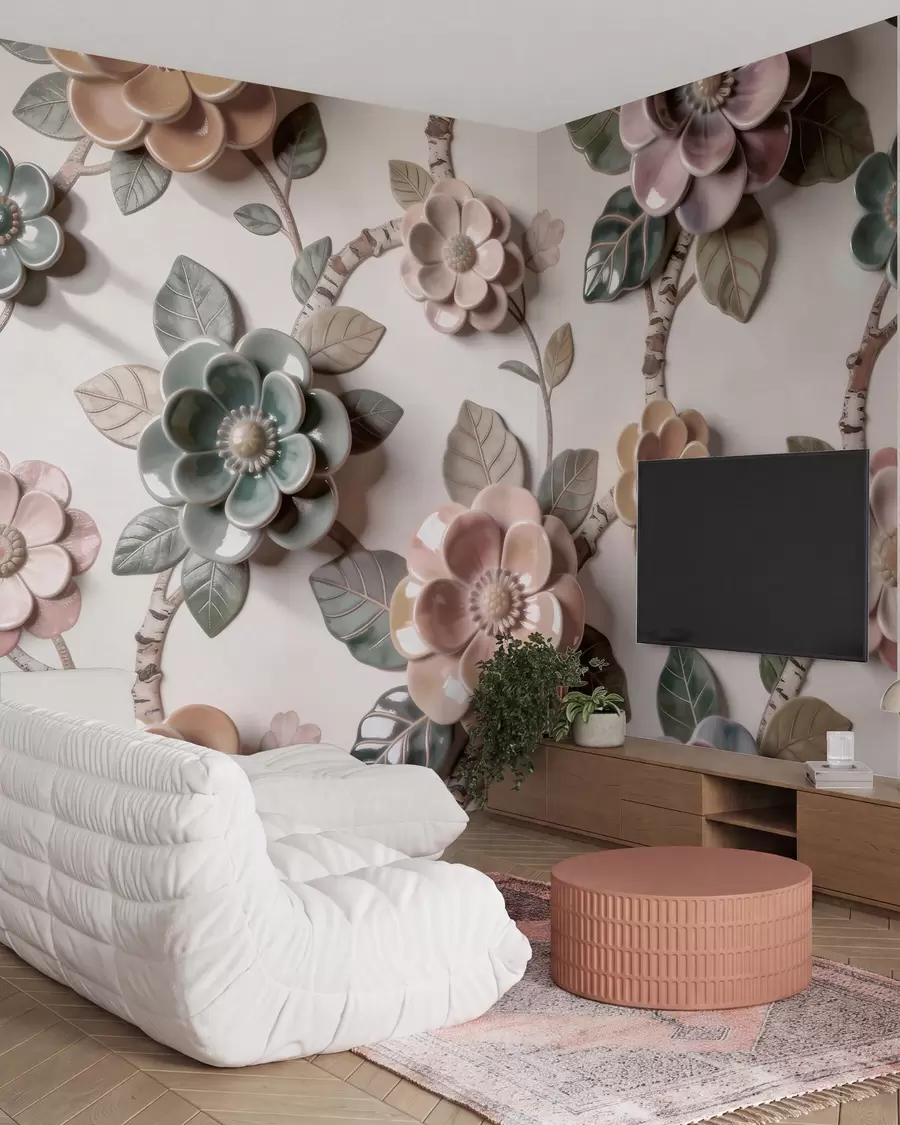 fototapet Flori ceramice tridimensionale într-o paletă de culori pastelate delicate w09887