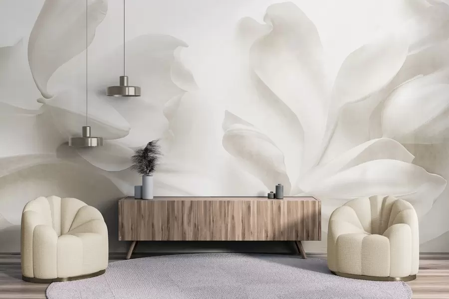 fototapet Flori de magnolie albe, cu textură și petale delicate, pe un fundal deschis, estompat w09771