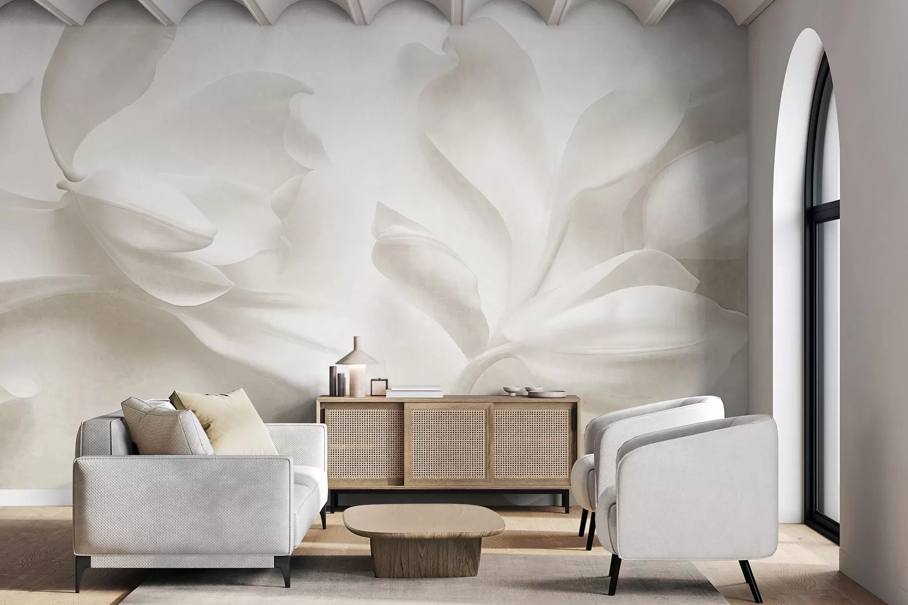 fototapet Flori de magnolie albe, cu textură și petale delicate, pe un fundal deschis, estompat w09771