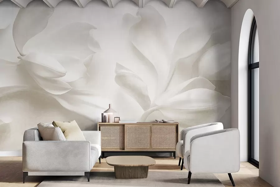 fototapet Flori de magnolie albe, cu textură și petale delicate, pe un fundal deschis, estompat w09771