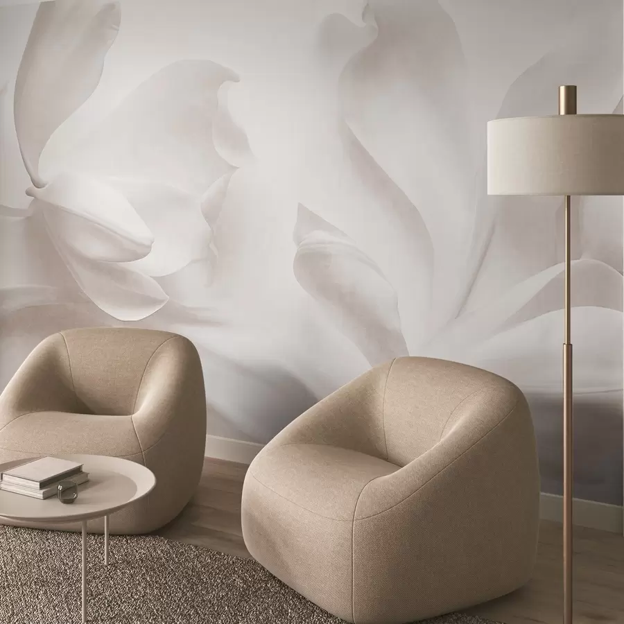 fototapet Flori de magnolie albe, cu textură și petale delicate, pe un fundal deschis, estompat w09771