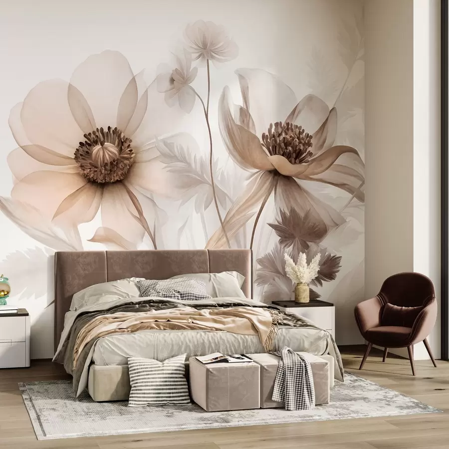 fototapet Flori mari, translucide, în nuanțe de sepia, cu petale delicate, frunze pufoase și flori mai mici w09900