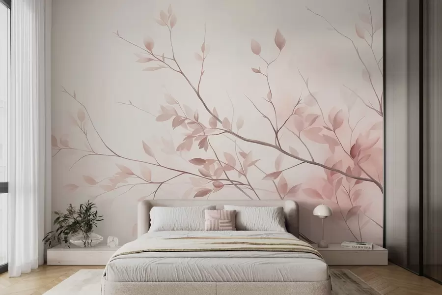 fototapet Ramuri delicate cu frunze de un roz pal, pe un fundal deschis, în stil acuarelă w09910