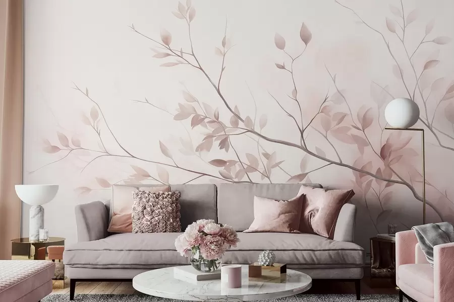 fototapet Ramuri delicate cu frunze de un roz pal, pe un fundal deschis, în stil acuarelă w09910