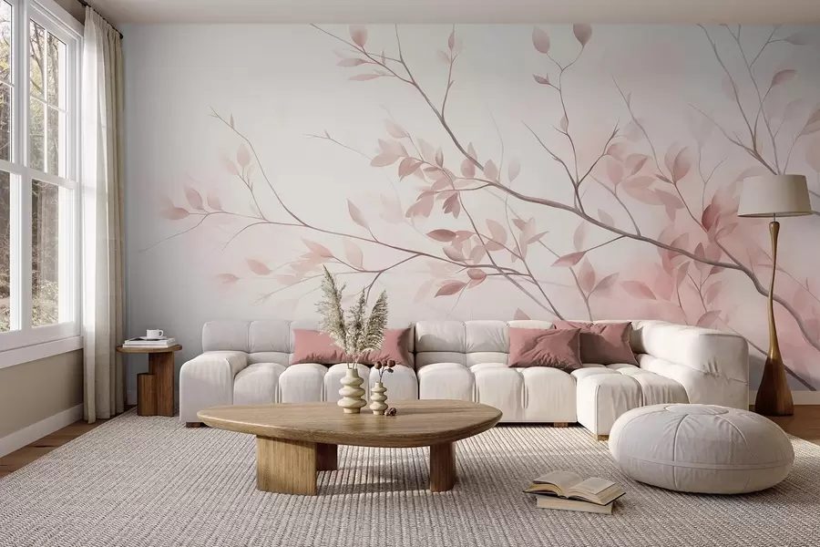 fototapet Ramuri delicate cu frunze de un roz pal, pe un fundal deschis, în stil acuarelă w09910
