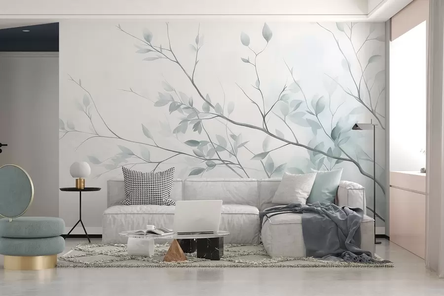 fototapet Ramuri delicate cu frunze de un roz pal, pe un fundal deschis, în stil acuarelă w09910v1