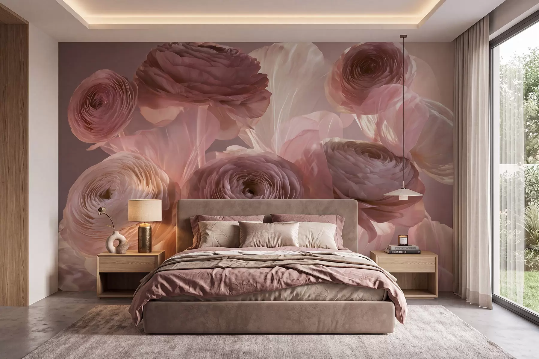 fototapet Flori mari de ranunculus, cu aspect artistic, în nuanțe delicate de roz și crem w09921