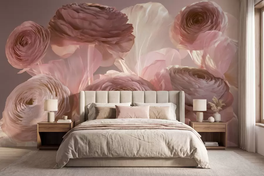 fototapet Flori mari de ranunculus, cu aspect artistic, în nuanțe delicate de roz și crem w09921