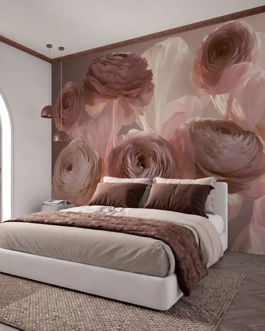 fototapet Flori mari de ranunculus, cu aspect artistic, în nuanțe delicate de roz și crem w09921