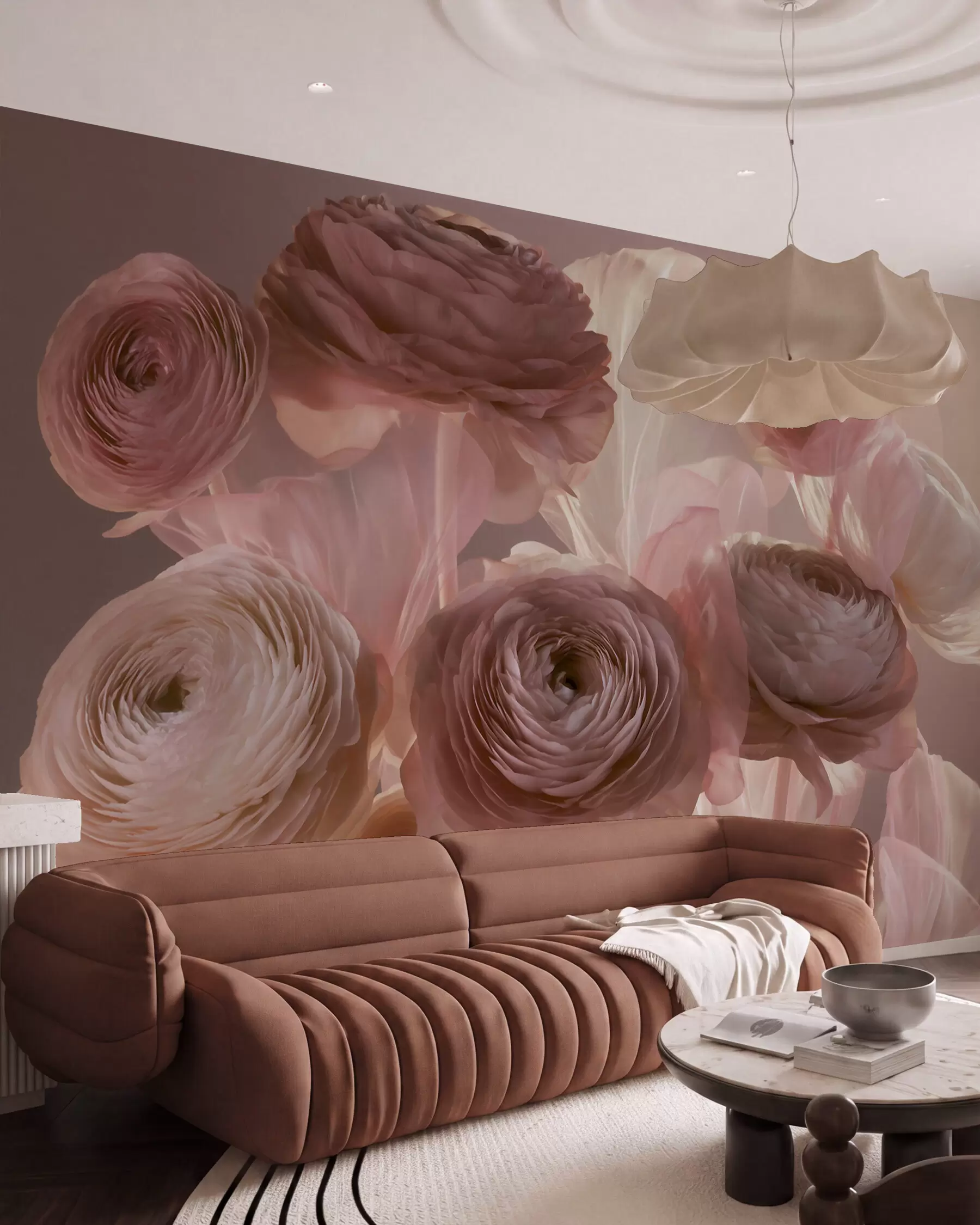 fototapet Flori mari de ranunculus, cu aspect artistic, în nuanțe delicate de roz și crem w09921