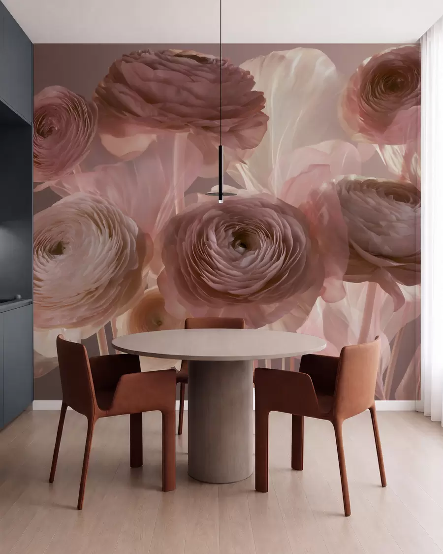 fototapet Flori mari de ranunculus, cu aspect artistic, în nuanțe delicate de roz și crem w09921