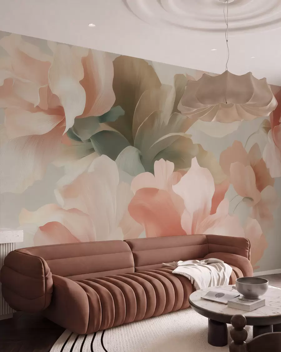 fototapet Flori artistice de dimensiuni mari, în nuanțe pastelate delicate de crem, roz și verde w09935